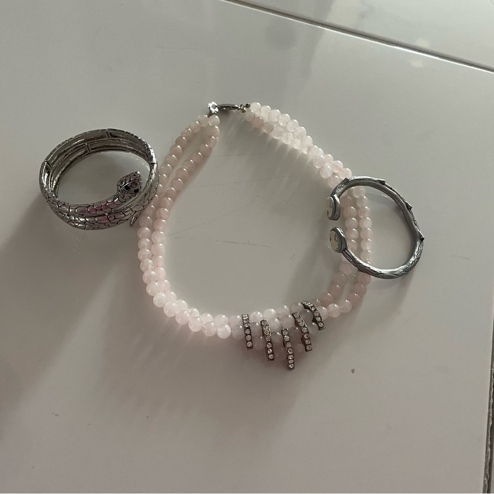 Elegant Pink Beaded Necklace and Silver Bracelet Set